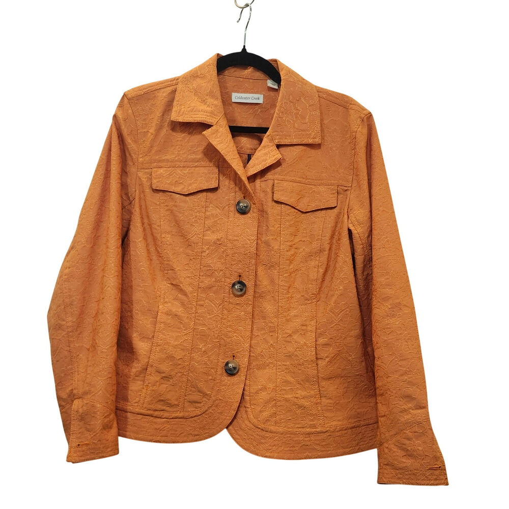 Coldwater Creek Sz 16 Jacket Apricot Long Sleeve Brocade Pockets Button Front